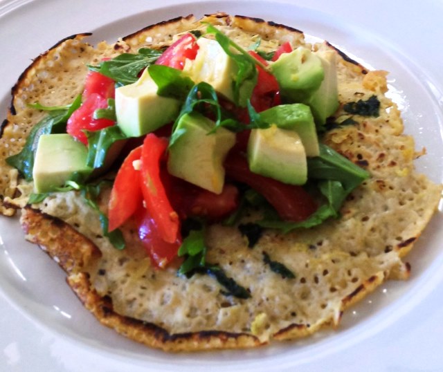 Chickpea Crepes With a Vine Ripened Tpmato and Avocado Salad.