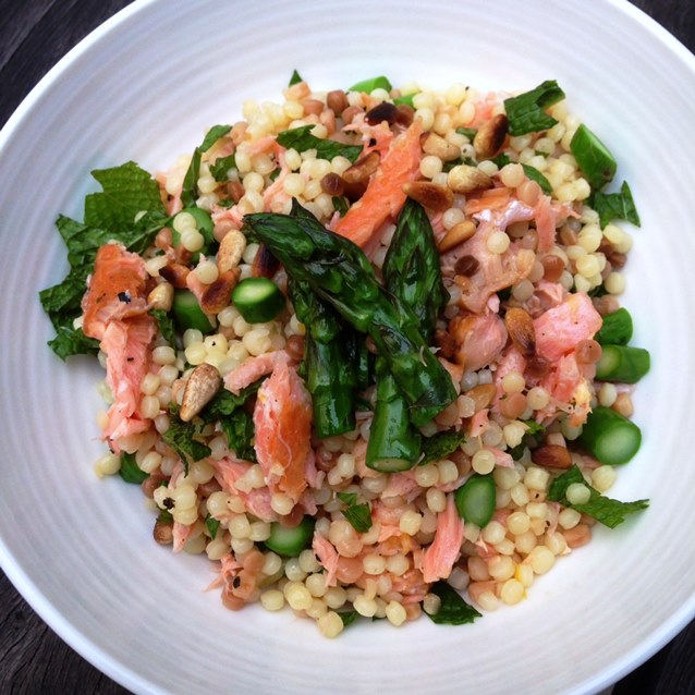Toasted Fregola Salad With Hot-Smoked Salmon, Asparagus, Mint and Pine Nuts. 350 Calories a Serve.