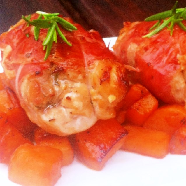 Prosciutto Wrapped Chicken Thigh Fillets With Rosemary and Garlic