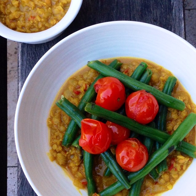 Red Lentil Dhal With Roasted Vine-Ripened Cherry Tomatoes, Green Beans and Mint