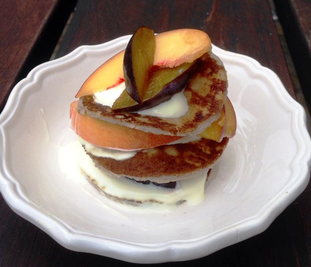 Banana Pancake Stack With Greek Yoghurt and Summer Stone Fruit.