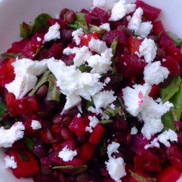 Roasted Beetroot and Carrot Salad With Puy Lentils, Rocket and Feta.
