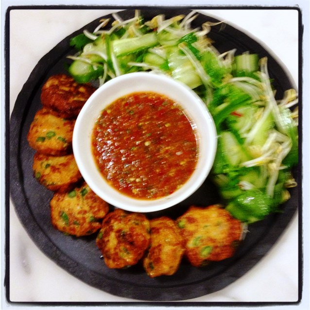 Spicy Thai Fishcakes With Nam Jim Dipping Sauce And A Simple Cucumber And Bean Sprout Salad