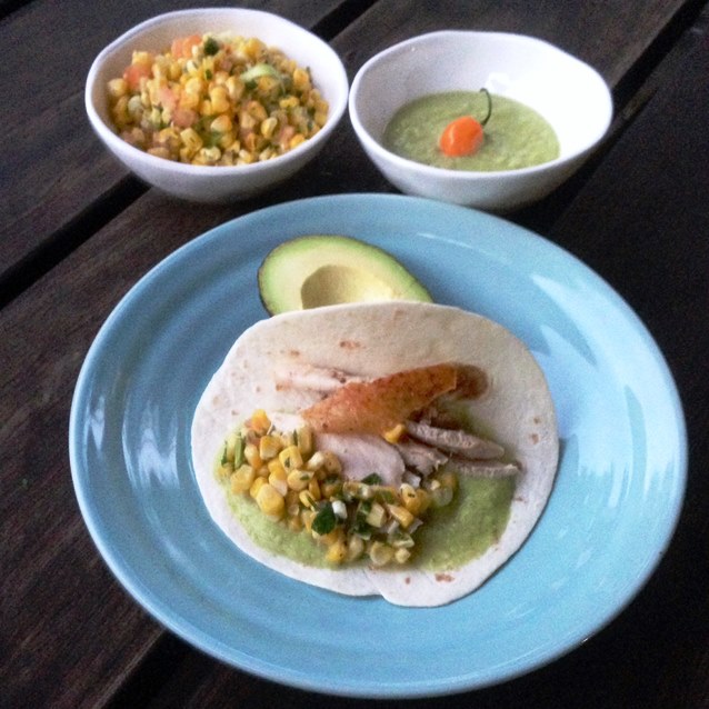 Soft Chicken Tacos With Roasted Corn Salsa and Green Chilli Sauce.