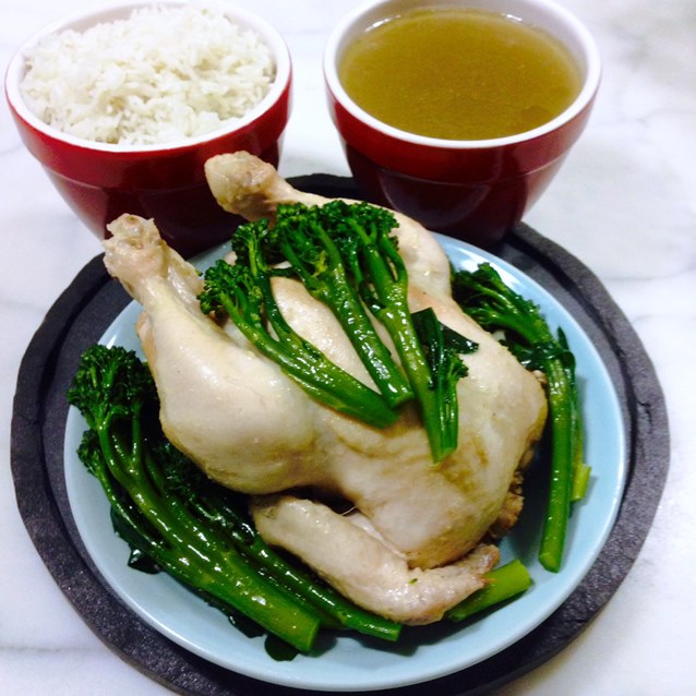 Poached Hainanese Chicken With Broccolini And Steamed Rice