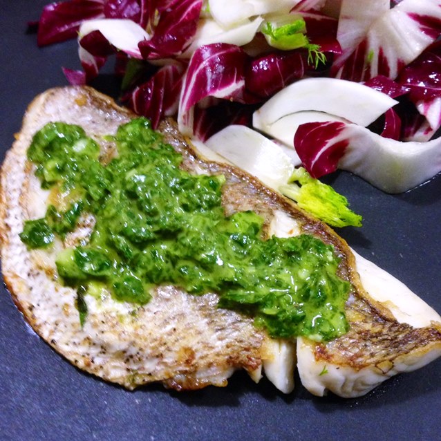 Seared Snapper With A Fresh Parsley And Chive Sauce.