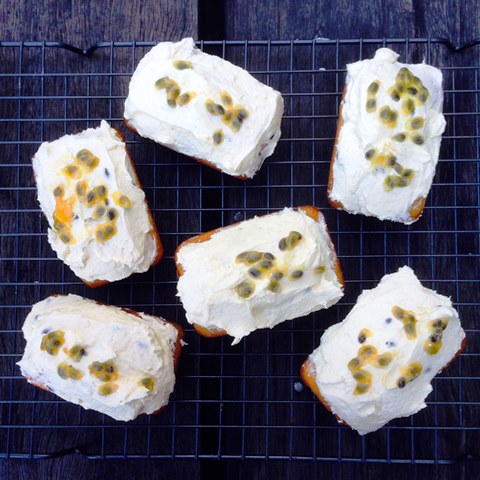 Little Coconut Tea Cakes With Passionfruit Buttercream Frosting