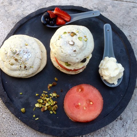 Pistachio Dacquoise With Watermelon, Berries and Rosewater Marscapone Cream