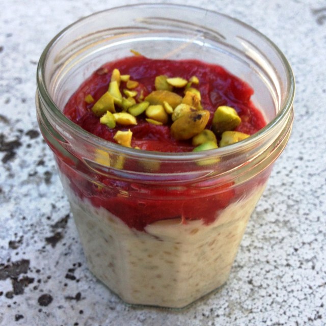 Apple Steel Cut Oats With Rosewater Poached Rhubarb And Toasted Pistachios In A Jar