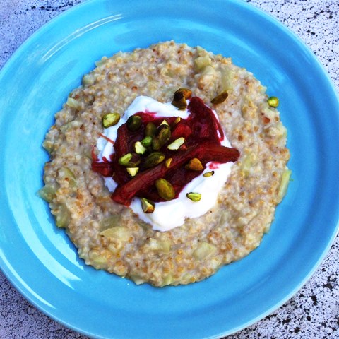 Apple Steel Cut Oats With Rosewater Poached Rhubarb And Toasted Pistachios