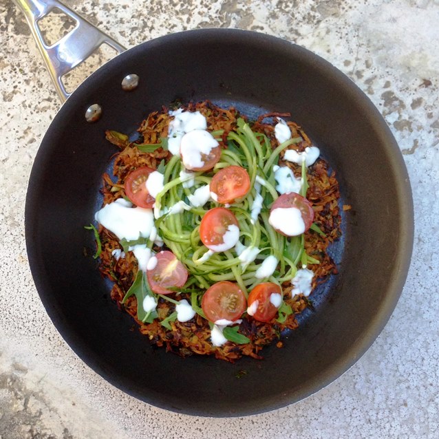 Oven Baked Sweet Potato And Carrot Rosti With Rocket, Cucumber, Tomato And Lemon Yoghurt Dressing.