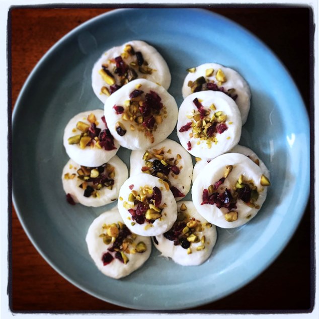 Frozen Yoghurt Drops With Cranberries and Pistachio.