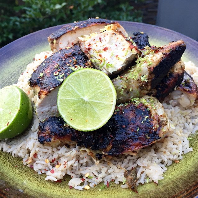 Barbecued Flattened Chicken With A Lime And Coconut Pilaf