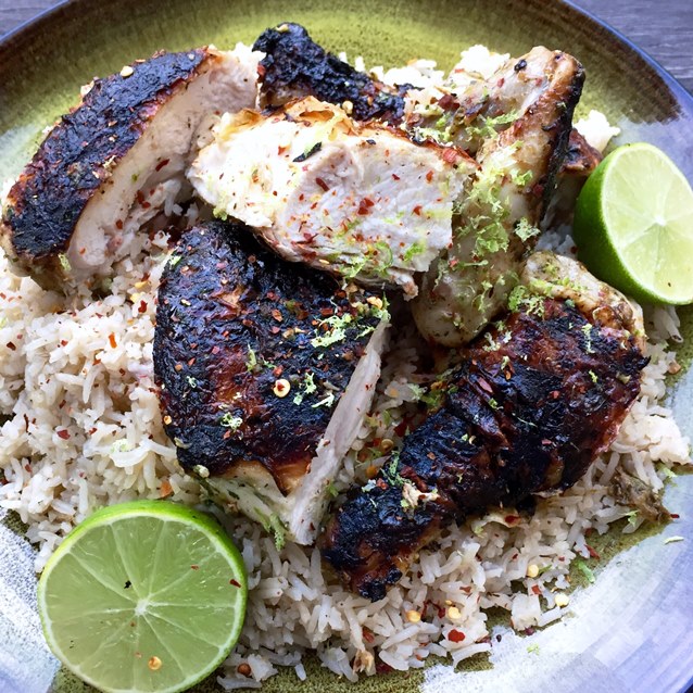 Barbecued Flattened Chicken With Lime And Coconut Pilaf