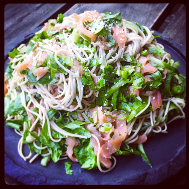 Cold Sesame Soba Noodle Salad With Smoked Salmon, Spinach And Cucumber