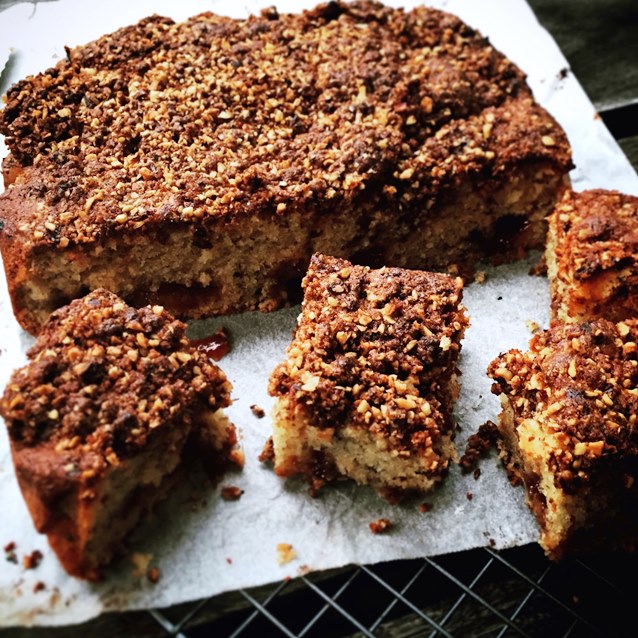 Hazelnut Coffee Cake With A Sour Cherry Jam Swirl And Chocolate Crumble
