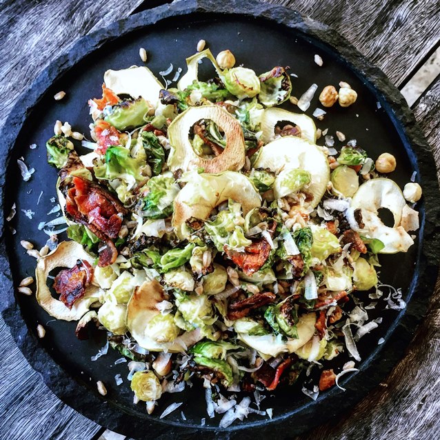 Roasted Brussels Sprout Salad With Crispy Bacon, Apple, Hazelnuts and Farro