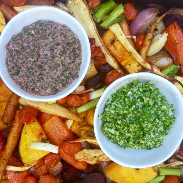 Warm Winter Roast Root Vegetable Salad With Carrot Top and Beet Leaves Pesto