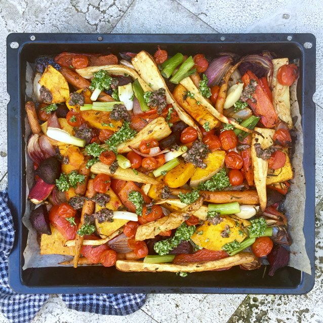 Warm Winter Roast Root Vegetable Salad With Pesto